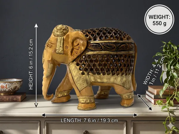 Hand-Carved_Undercut_Wooden_Elephant_with_Antique_Patina_Detailing_&_Baby_Inside_–_Single-Block_Jali_Fretwork_Sculpture