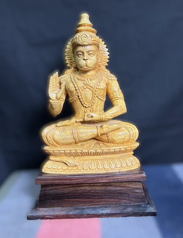 Handcrafted_Wooden_Hanuman_Idol_for_Home_Temple_–_Seated_Anjaneya_Swami_Wood_Murti_with_Blessing_Hand_&_Base_for_Mandir_Decor