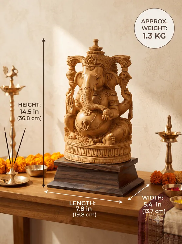 Hand-Carved_Kadam_Wood_Ganesha_Idol_with_Temple_Prabhavali_on_Dark_Hardwood_Base_Vastu_&_Mandir_Decor