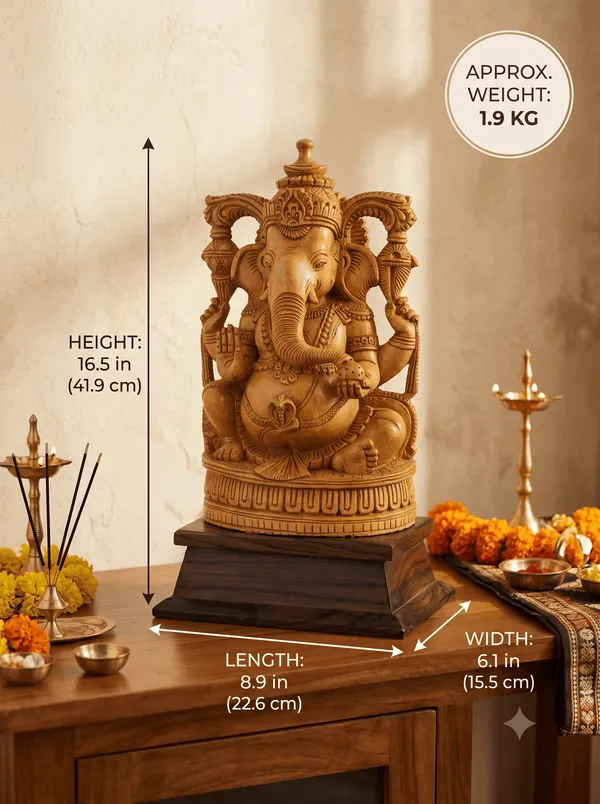 Hand-Carved_Kadam_Wood_Ganesha_Idol_with_Temple_Prabhavali_on_Dark_Hardwood_Base_Vastu_&_Mandir_Decor