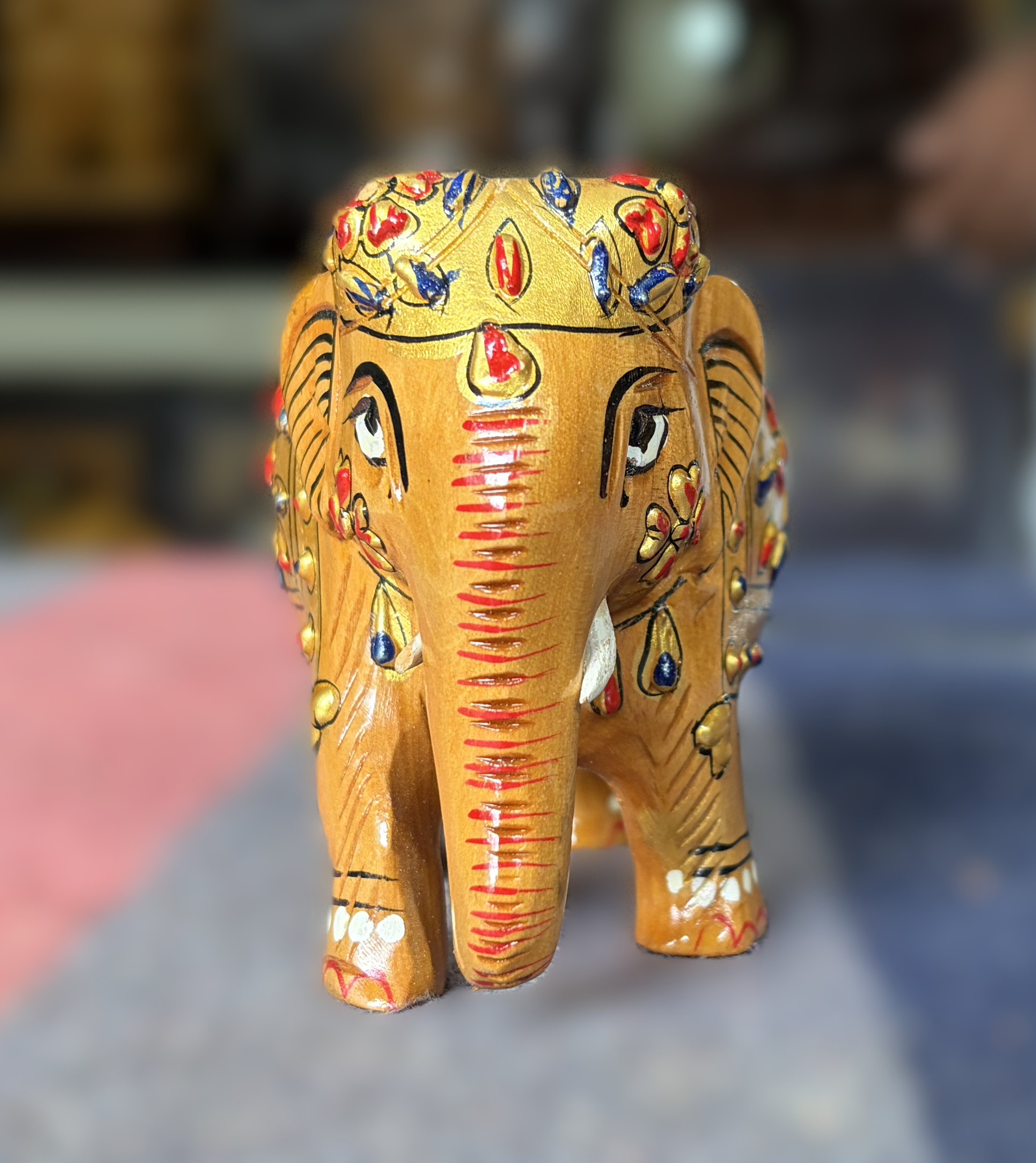 Handcrafted_Golden_Embossed_Wooden_Elephant_Figurine_Traditional_3D_Relief_Floral_Art_Showpiece