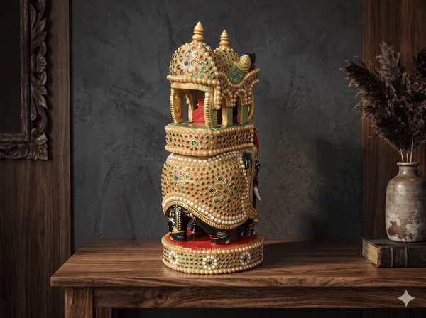 Handcrafted_Royal_Wooden_Ambari_Elephant_with_Pillared_Pavilion_&_Peacock_Canopy_Pearl_&_Gemstone_Procession_Centerpiece