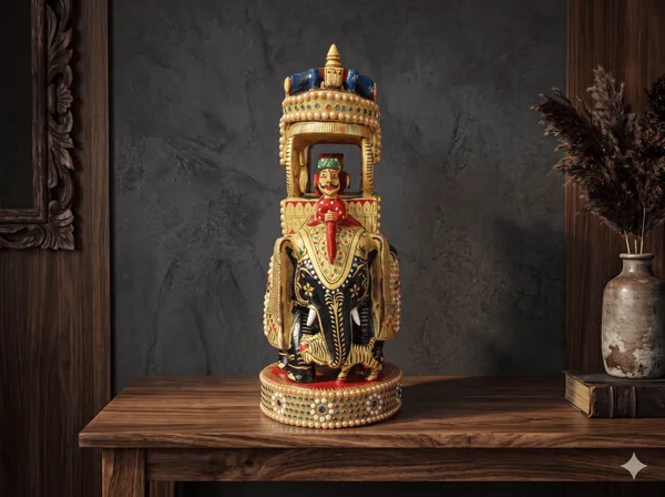 Handcrafted_Royal_Wooden_Ambari_Elephant_with_Pillared_Pavilion_&_Peacock_Canopy_Pearl_&_Gemstone_Procession_Centerpiece