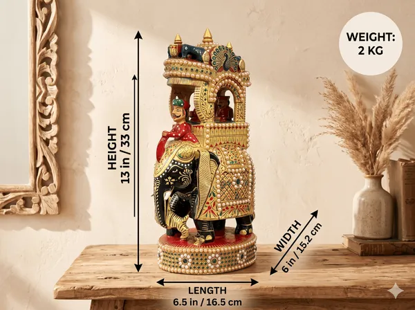 Handcrafted_Royal_Wooden_Ambari_Elephant_with_Pillared_Pavilion_&_Peacock_Canopy_Pearl_&_Gemstone_Procession_Centerpiece