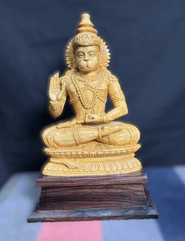 Handcrafted_Wooden_Hanuman_Idol_for_Home_Temple_Seated_Anjaneya_Swami_Wood_Murti_with_Blessing_Hand_&_Base_for_Mandir_Decor