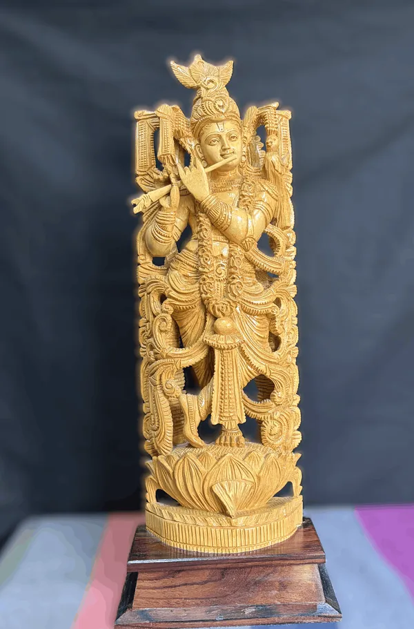 DecorHand-Carved_Kadam_Wood_Krishna_Playing_Flute_with_Pierced_Prabhavali_Arch_on_Hardwood_Base_Tribhanga_Mandir_&_Living_Room_Decor