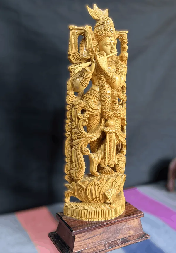 DecorHand-Carved_Kadam_Wood_Krishna_Playing_Flute_with_Pierced_Prabhavali_Arch_on_Hardwood_Base_Tribhanga_Mandir_&_Living_Room_Decor