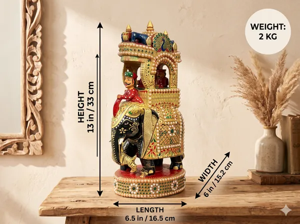 Handcrafted_Royal_Wooden_Ambari_Elephant_with_Pillared_Pavilion_&_Peacock_Canopy_–_Pearl_&_Gemstone_Procession_Centerpiece