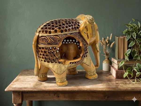 Hand-Carved_Undercut_Wooden_Elephant_with_Antique_Patina_Detailing_&_Baby_Inside_–_Single-Block_Jali_Fretwork_Sculpture