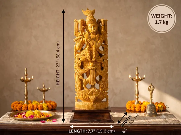 Hand-Carved_Kadam_Wood_Krishna_Playing_Flute_with_Pierced_Prabhavali_Arch_on_Hardwood_Base_–_Tribhanga_Mandir_&_Living_Room_Decor