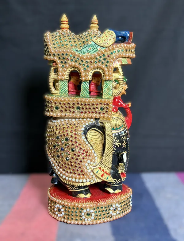 Handcrafted_Royal_Wooden_Ambari_Elephant_with_Pillared_Pavilion_&_Peacock_Canopy_–_Pearl_&_Gemstone_Procession_Centerpiece