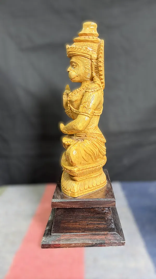 Handcrafted_Wooden_Hanuman_Idol_for_Home_Temple_–_Seated_Anjaneya_Swami_Wood_Murti_with_Blessing_Hand_&_Base_for_Mandir_Decor