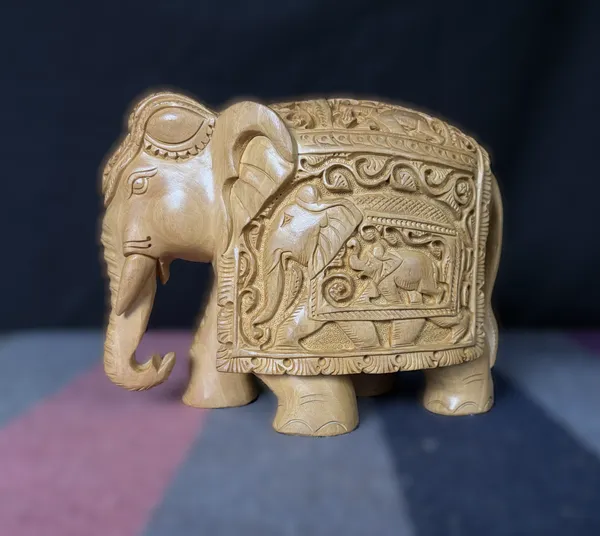 Authentic_Shikar_Carved_Solid_Wood_Elephant_–_Traditional_Indian_Shikargah_Relief_Wildlife_Sculpture_in_Natural_Kadam_Timber