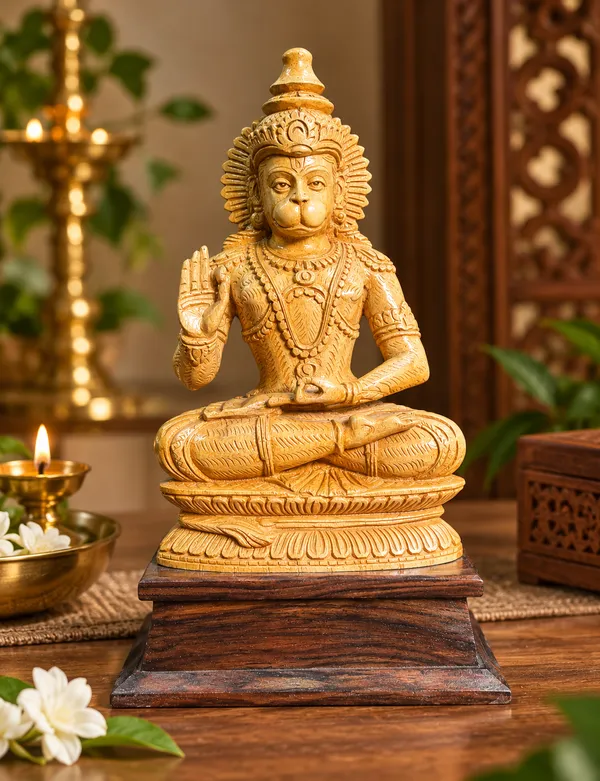 Handcrafted_Wooden_Hanuman_Idol_for_Home_Temple_–_Seated_Anjaneya_Swami_Wood_Murti_with_Blessing_Hand_&_Base_for_Mandir_Decor