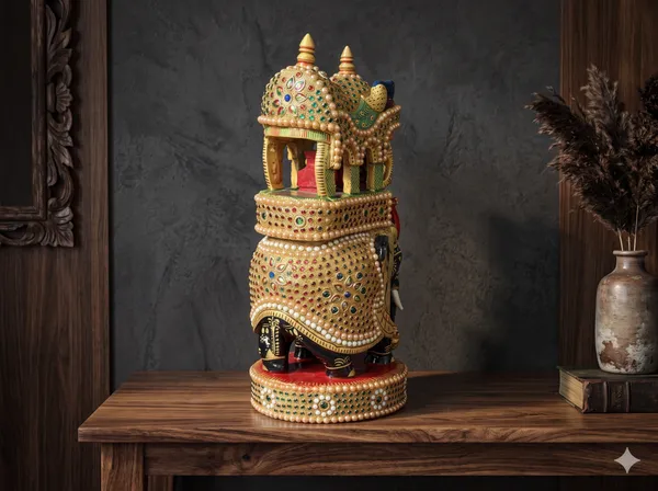 Handcrafted_Royal_Wooden_Ambari_Elephant_with_Pillared_Pavilion_&_Peacock_Canopy_–_Pearl_&_Gemstone_Procession_Centerpiece