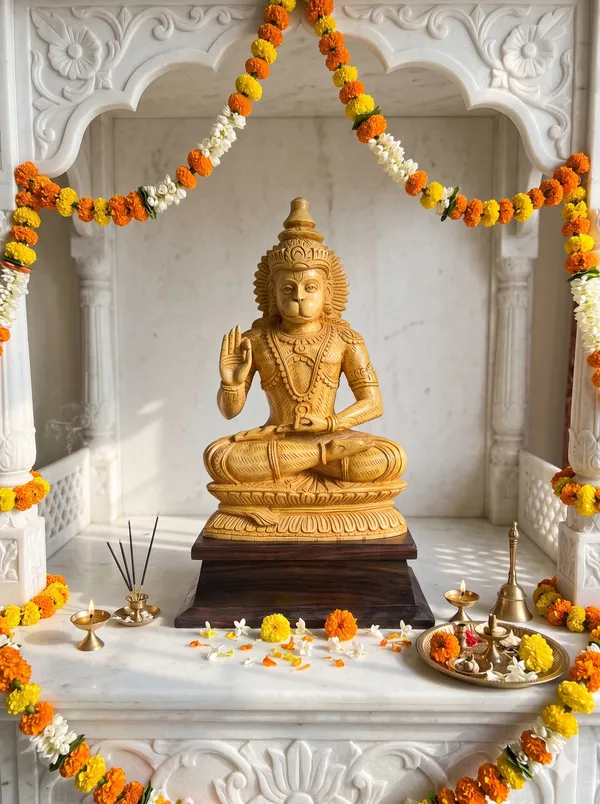 Handcrafted_Wooden_Hanuman_Idol_for_Home_Temple_–_Seated_Anjaneya_Swami_Wood_Murti_with_Blessing_Hand_&_Base_for_Mandir_Decor