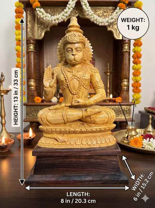 Handcrafted_Wooden_Hanuman_Idol_for_Home_Temple_–_Seated_Anjaneya_Swami_Wood_Murti_with_Blessing_Hand_&_Base_for_Mandir_Decor