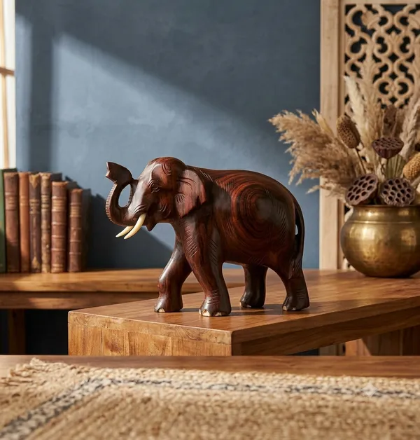 The_Royal_Salute_Tusker:_6"_Hand-Chiseled_Indian_Rosewood_Elephant_Figurine_–_Welcoming_Vastu_Hardwood_Sculpture