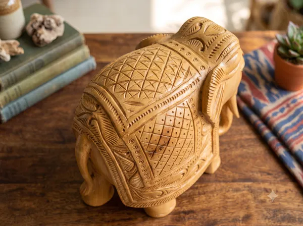 Hand-Carved_Natural_Kadam_Wood_Elephant_Figurine_–_Traditional_Floral_Lattice_Relief_&_Grounded_Trunk