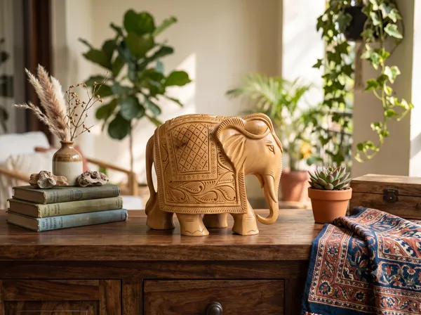 Hand-Carved_Natural_Kadam_Wood_Elephant_Figurine_–_Traditional_Floral_Lattice_Relief_&_Grounded_Trunk