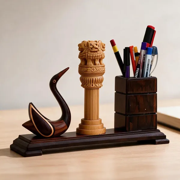 Handcrafted_Swan_design_Ashoka_pillar_Pen_stand/_Desk_Organizer
