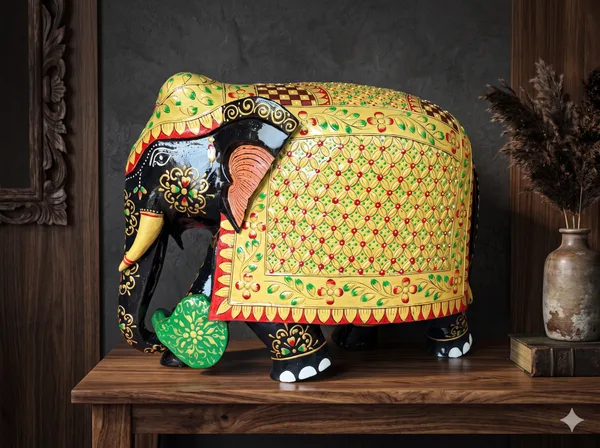 Hand-Carved_&_3D_Embossed_Royal_Wooden_Elephant_–_Sacred_Lotus,_Raised_Jaali_Lattice_&_Miniature_Floral_Art