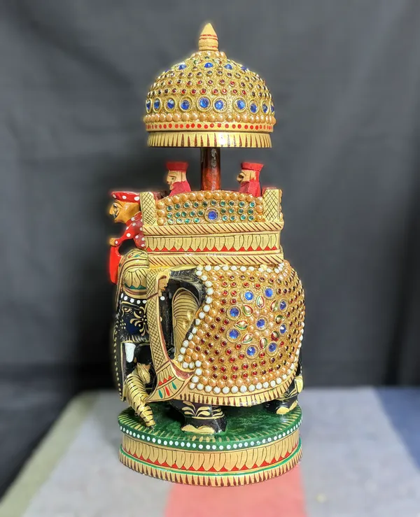 Handcrafted_Royal_Rajasthani_Wooden_Ambari_Elephant_with_Chhatri_&_Howdah_–_Jewel_&_Pearl_Encrusted_Procession_Centerpiece