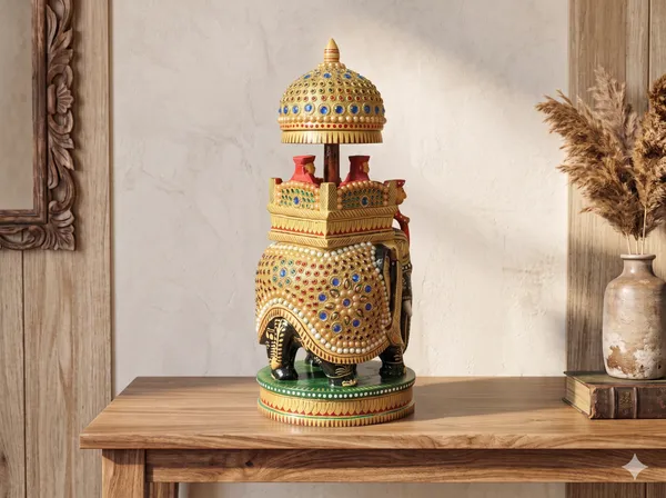Handcrafted_Royal_Rajasthani_Wooden_Ambari_Elephant_with_Chhatri_&_Howdah_–_Jewel_&_Pearl_Encrusted_Procession_Centerpiece