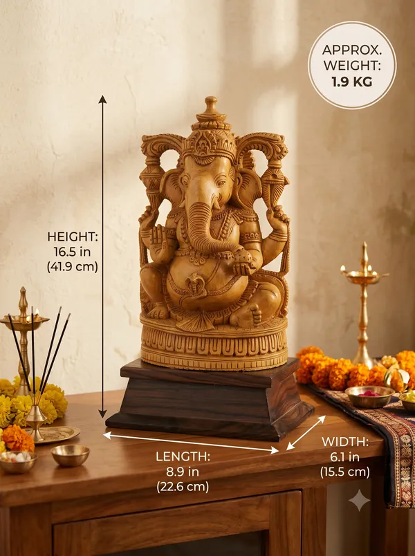 Hand-Carved_Kadam_Wood_Ganesha_Idol_with_Temple_Prabhavali_on_Dark_Hardwood_Base_–_Vastu_&_Mandir_Decor