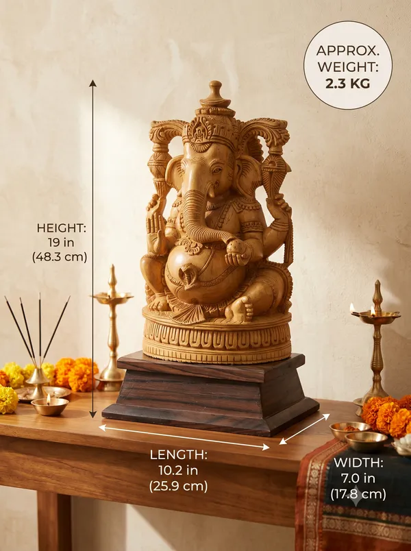 Hand-Carved_Kadam_Wood_Ganesha_Idol_with_Temple_Prabhavali_on_Dark_Hardwood_Base_–_Vastu_&_Mandir_Decor