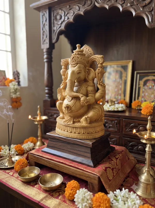 Hand-Carved_Kadam_Wood_Ganesha_Idol_with_Temple_Prabhavali_on_Dark_Hardwood_Base_–_Vastu_&_Mandir_Decor