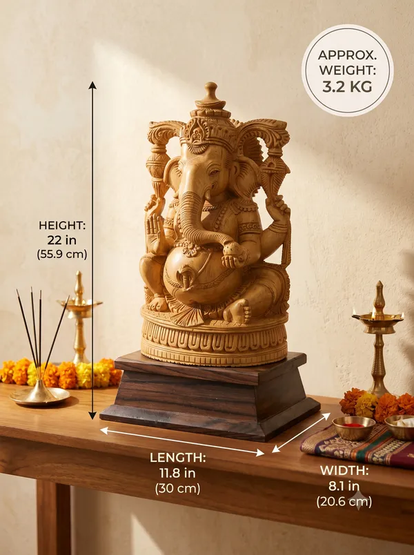 Hand-Carved_Kadam_Wood_Ganesha_Idol_with_Temple_Prabhavali_on_Dark_Hardwood_Base_–_Vastu_&_Mandir_Decor