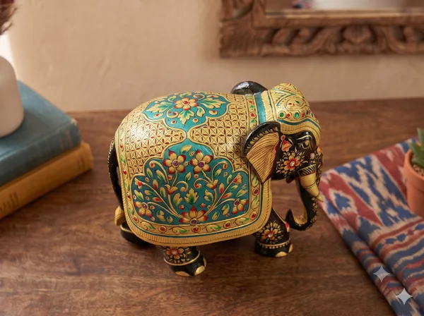 Handcrafted_Swan_FigurineThe_Firoza_Tusker:_Solid_1.0_kg_Handcrafted_Wood_Elephant_with_Turquoise_Floral_Medallion_Showpiece