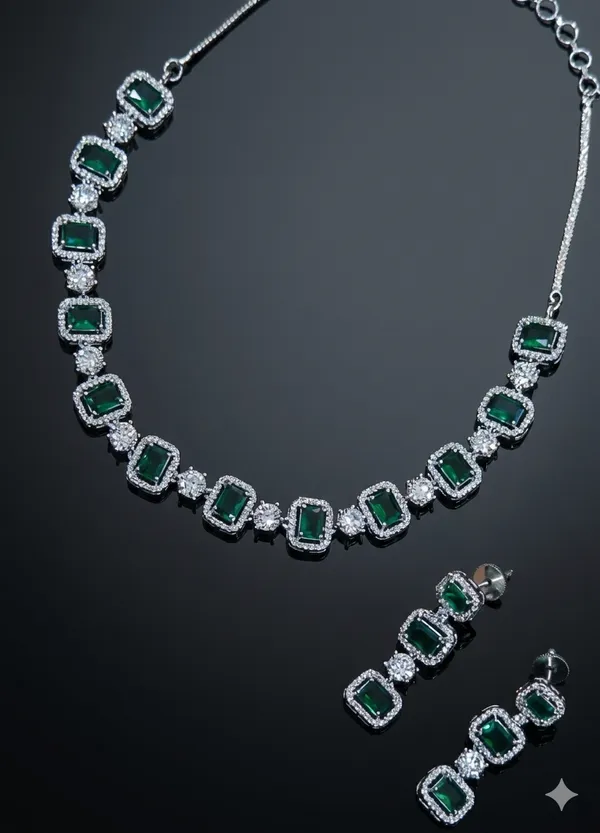 Green_Silver_Brass_Emerald_Rectangle_Stone_Chain_Necklace_Set_For_Women