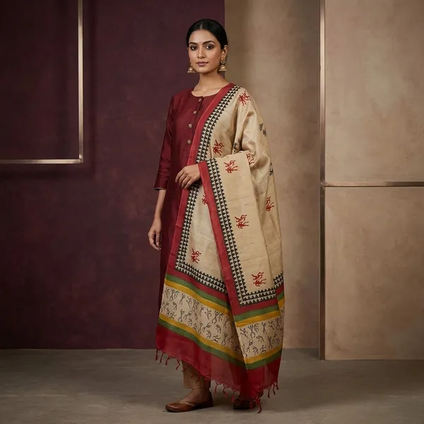 Cream_Red_Pure_Silk_Hand_Printed_Tussar_Dupatta_For_Women