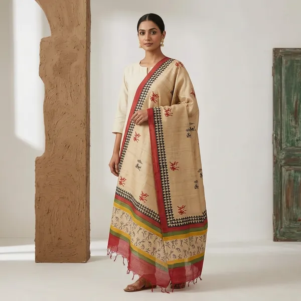 Cream_Red_Pure_Silk_Hand_Printed_Tussar_Dupatta_For_Women