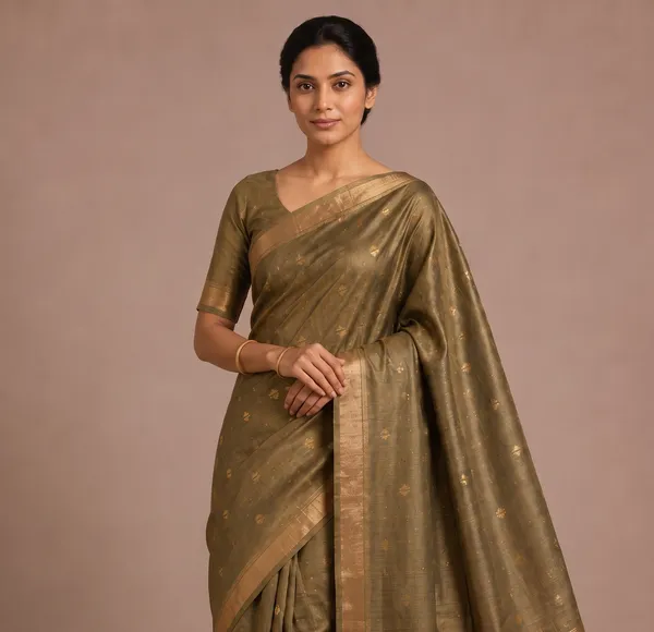 Mehandi_Pure_Silk_Gold_Zari_Motif_Tussar_Saree_For_Women