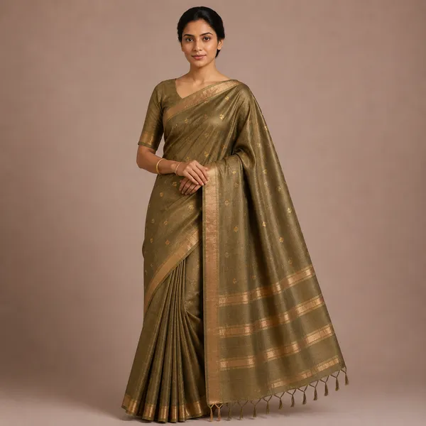 Mehandi_Pure_Silk_Gold_Zari_Motif_Tussar_Saree_For_Women