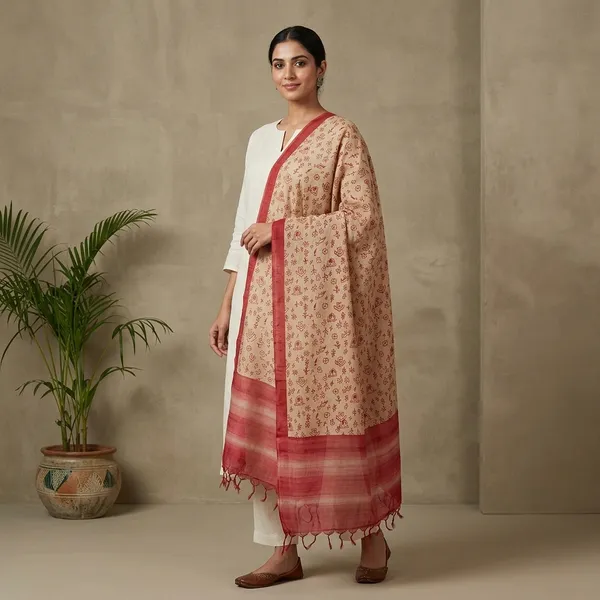 Red_Cream_Pure_Silk_Printed_Tussar_Dupatta_For_Women