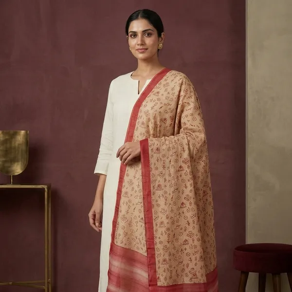 Red_Cream_Pure_Silk_Printed_Tussar_Dupatta_For_Women