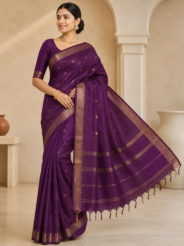Purple_Pure_Silk_Zari_Border_Tussar_Saree_For_Women