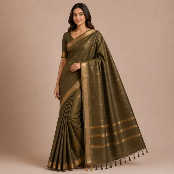 Mehandi_Pure_Silk_Zari_Woven_Striped_Tussar_Saree_For_Women