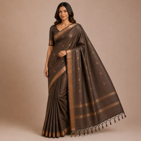 Brown_Pure_Silk_Golden_Butta_Motif_Tussar_Saree_For_Women