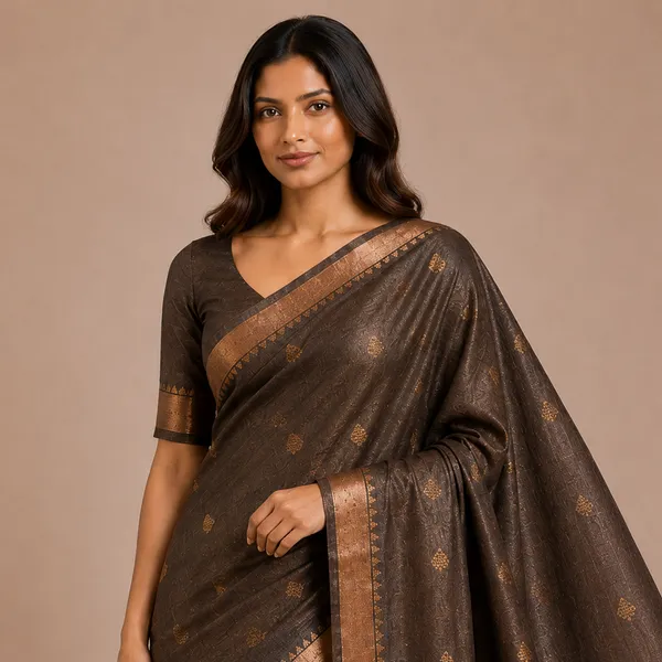 Brown_Pure_Silk_Golden_Butta_Motif_Tussar_Saree_For_Women