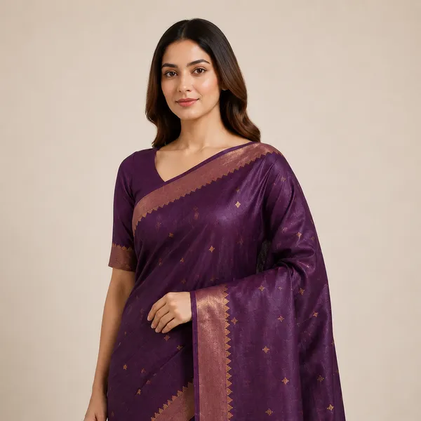 Purple_Pure_Silk_Zari_Butta_Motif_Tussar_Saree_For_Women