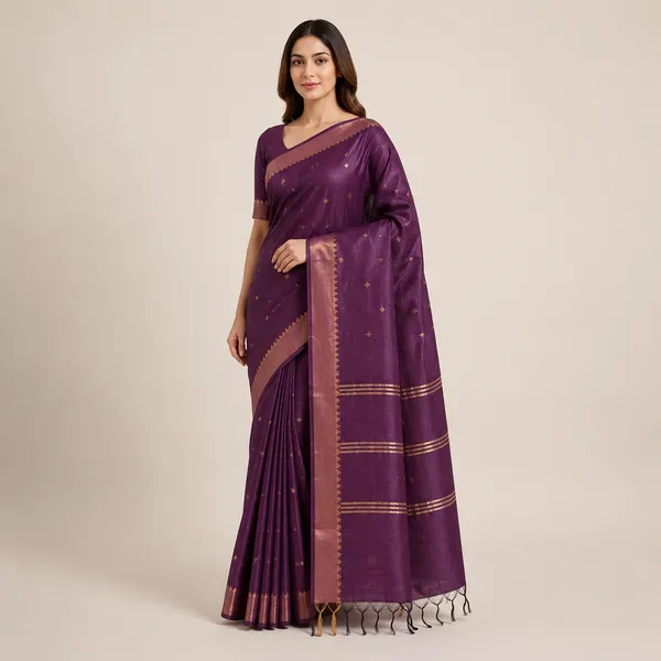 Purple_Pure_Silk_Zari_Butta_Motif_Tussar_Saree_For_Women