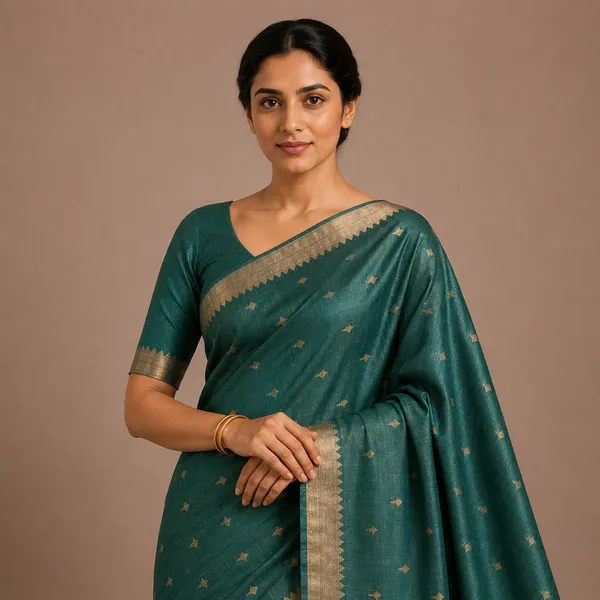 Green_Pure_Silk_Zari_Geometric_Border_Tussar_Saree_For_Women
