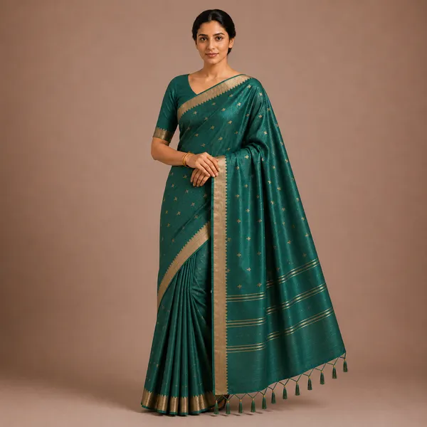 Green_Pure_Silk_Zari_Geometric_Border_Tussar_Saree_For_Women