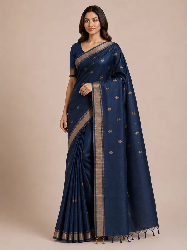Blue_Pure_Silk_Golden_Embroidered_Motif_Tussar_Saree_For_Women