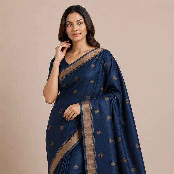 Blue_Pure_Silk_Golden_Embroidered_Motif_Tussar_Saree_For_Women
